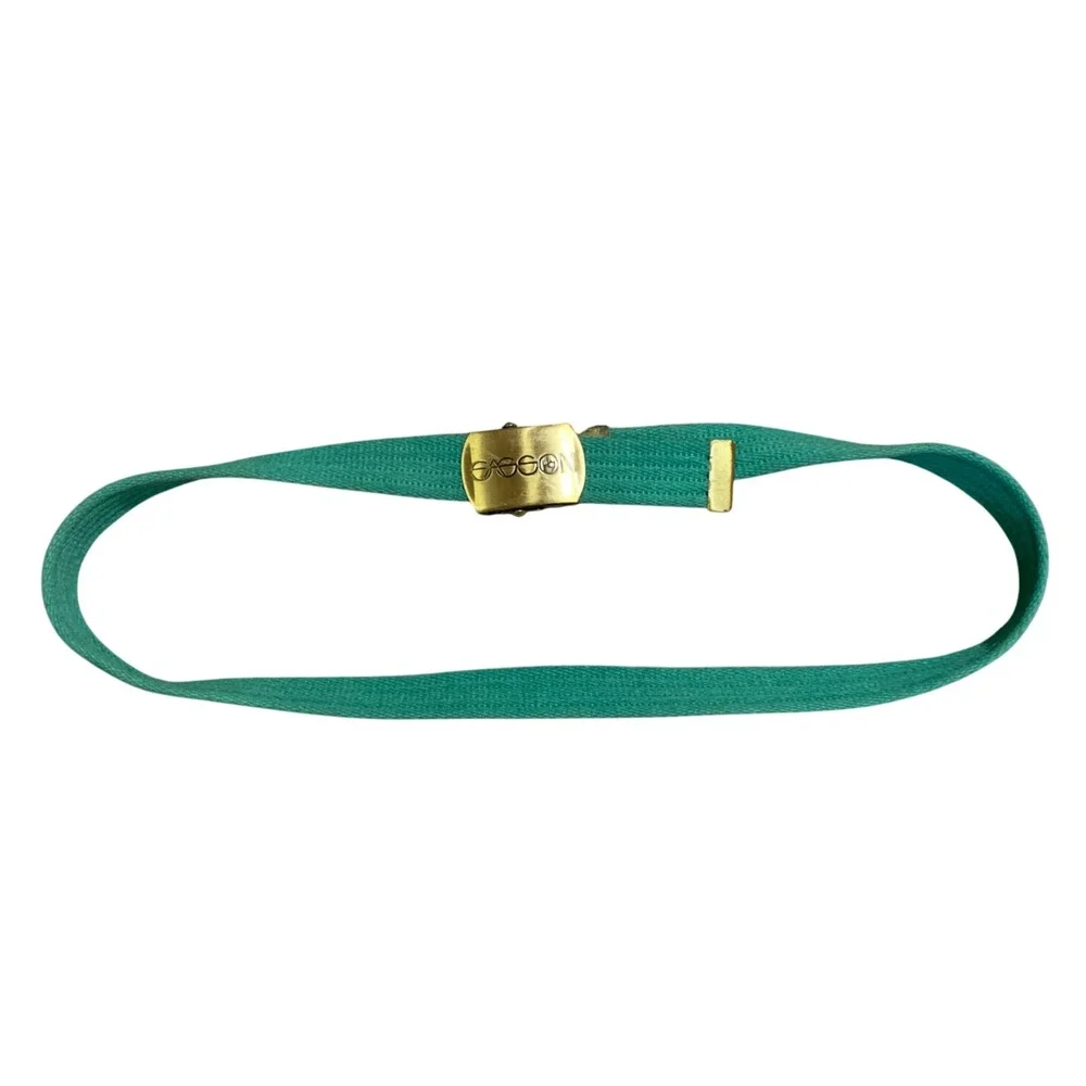 VTG 80s Sasson Green Belt Logo Canvas‎ Gold Buckle Casual Adjustable Womens 36